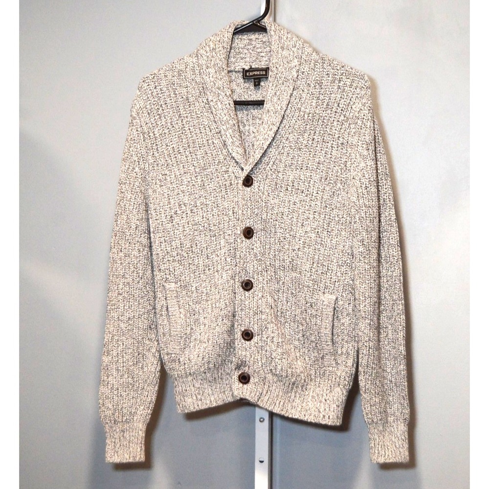 Express Size S/P Black/White Variegated Knit Cardigan Shawl Collar Slash Pockets